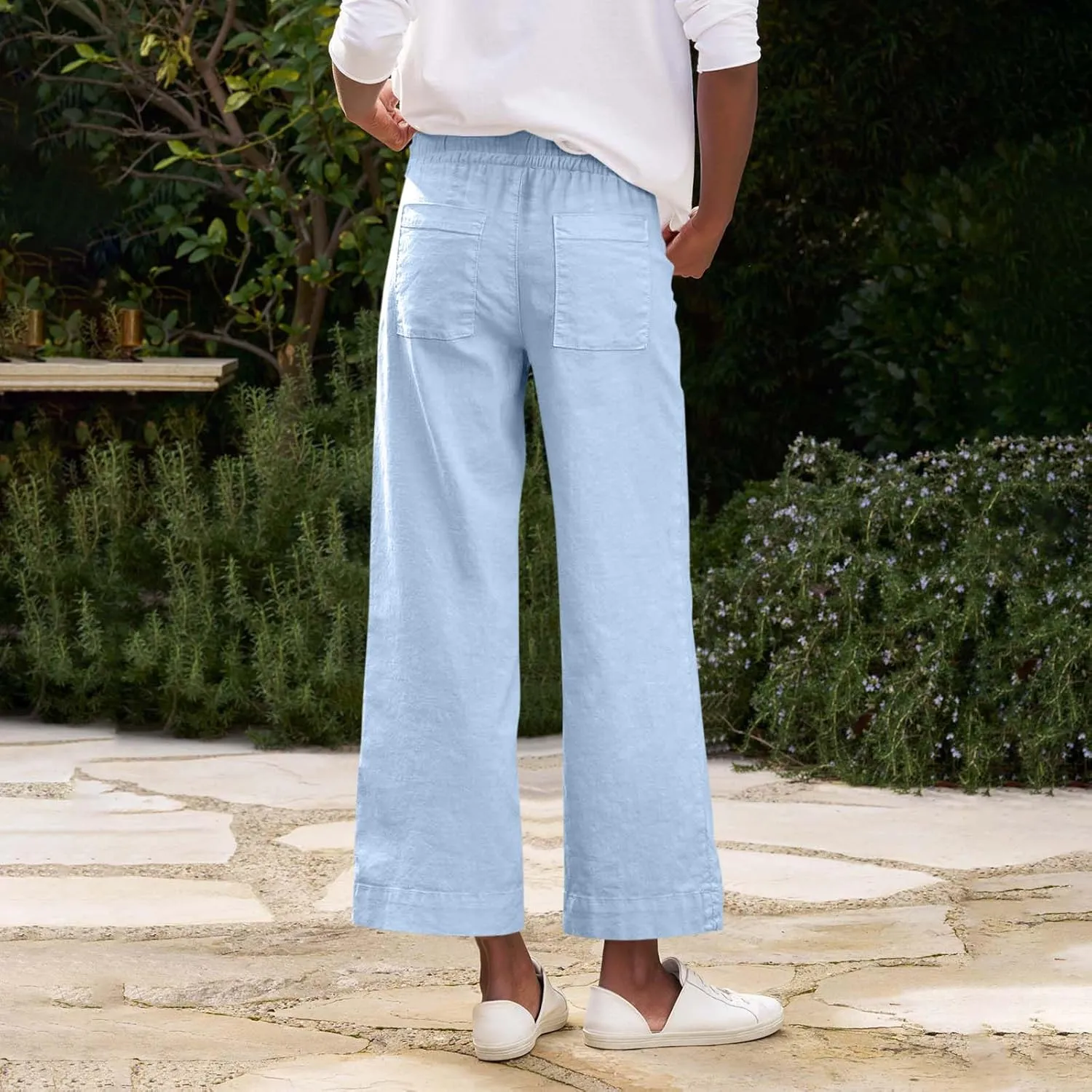 Women Linen Pants Wide Leg Capri Pants with Pockets Summer High Waisted Cropped Pants Boho Flowy Palazzo Pants