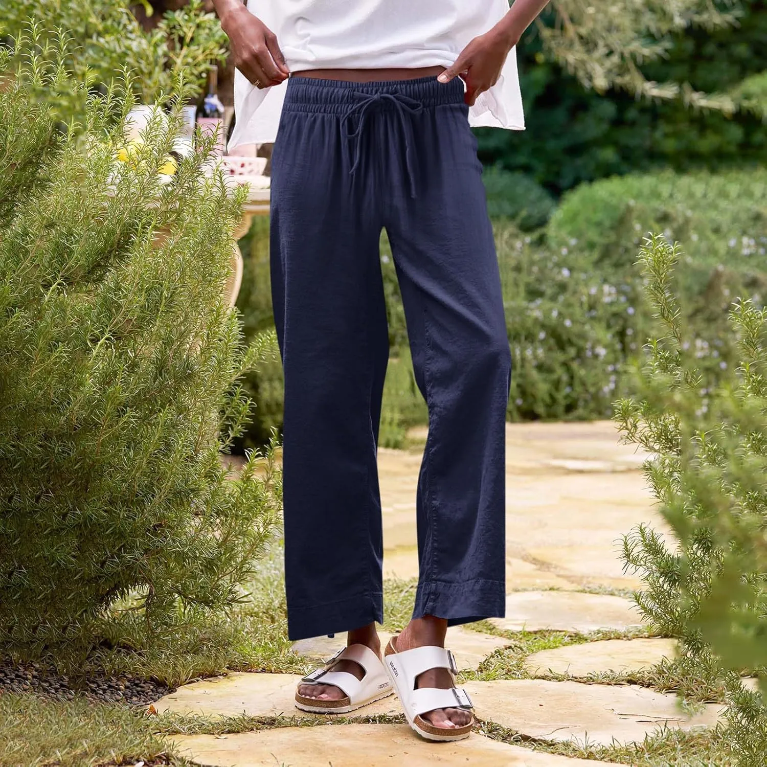 Women Linen Pants Wide Leg Capri Pants with Pockets Summer High Waisted Cropped Pants Boho Flowy Palazzo Pants