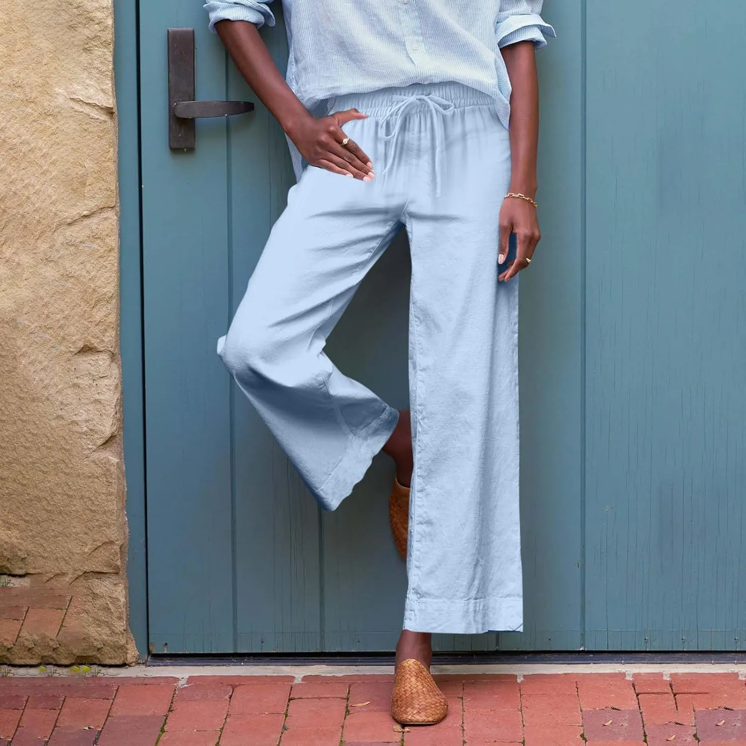 Women Linen Pants Wide Leg Capri Pants with Pockets Summer High Waisted Cropped Pants Boho Flowy Palazzo Pants