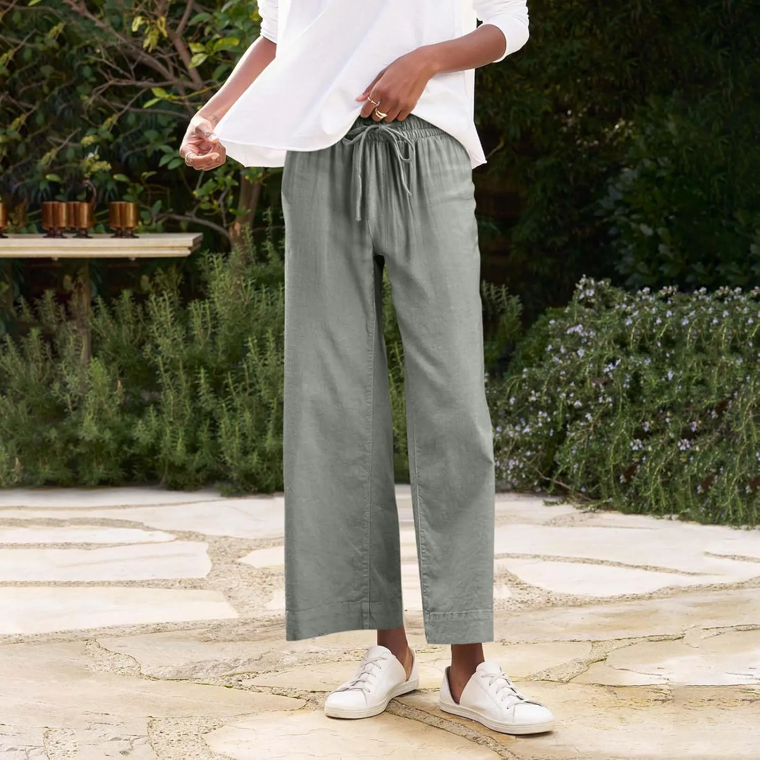 Women Linen Pants Wide Leg Capri Pants with Pockets Summer High Waisted Cropped Pants Boho Flowy Palazzo Pants