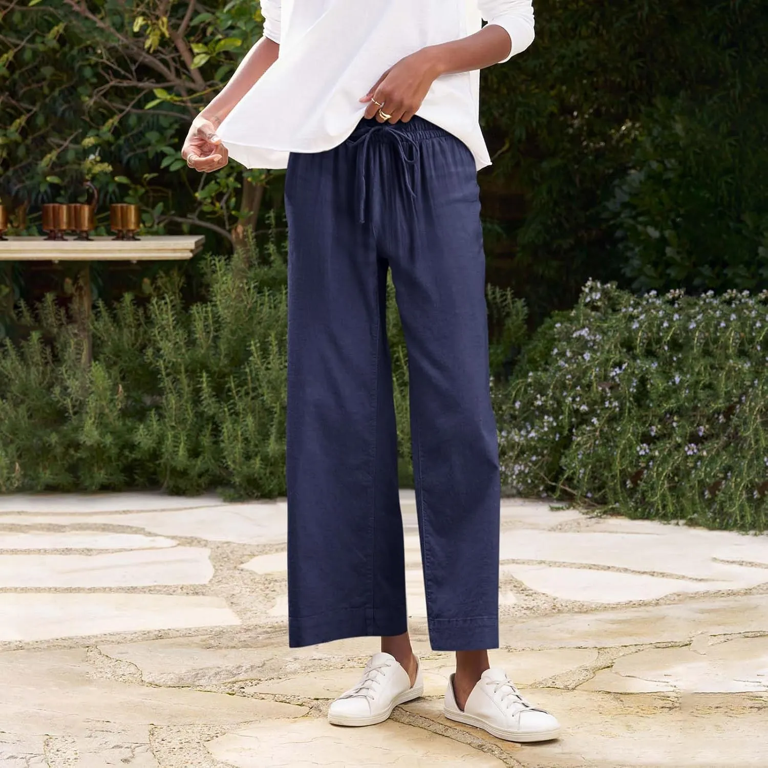 Women Linen Pants Wide Leg Capri Pants with Pockets Summer High Waisted Cropped Pants Boho Flowy Palazzo Pants