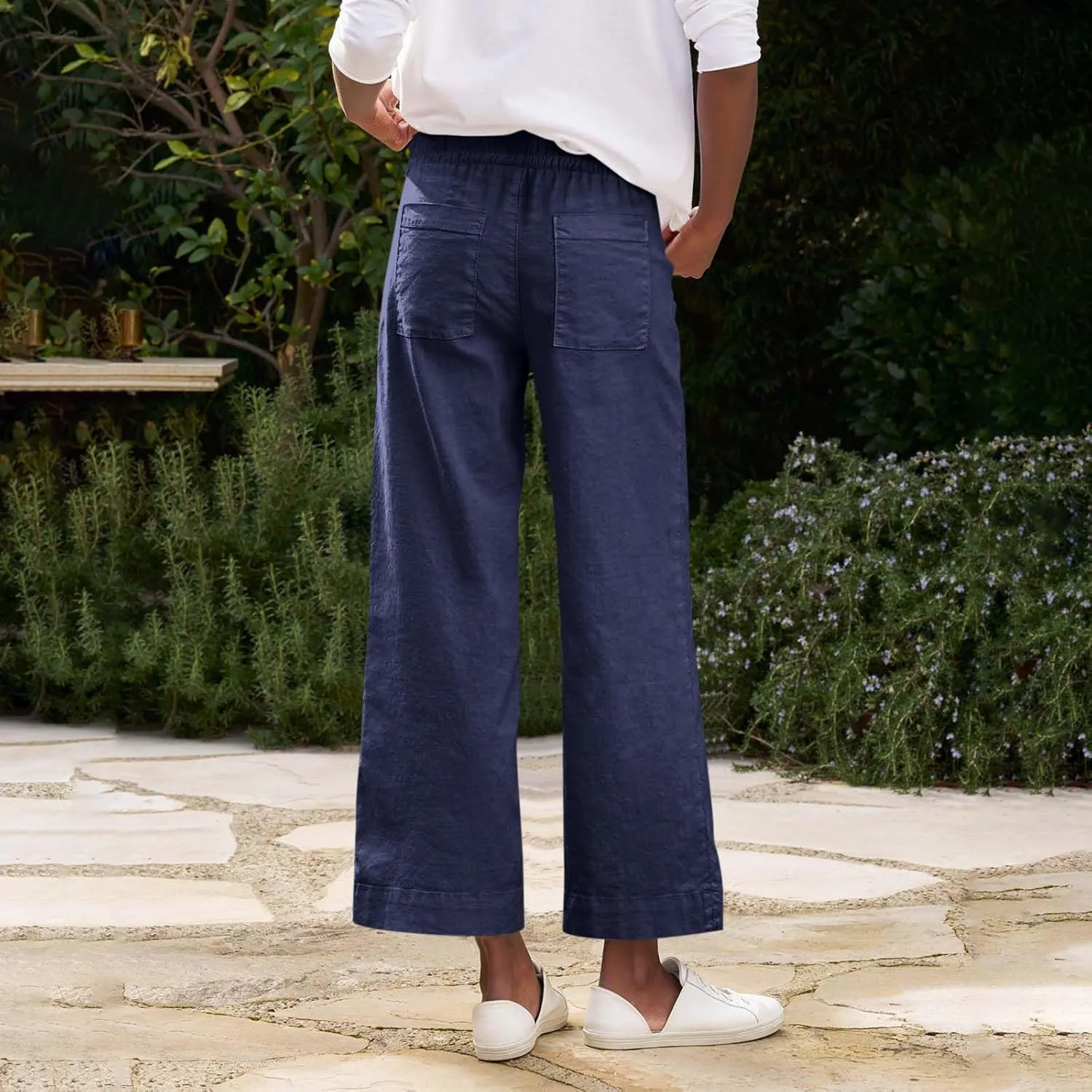 Women Linen Pants Wide Leg Capri Pants with Pockets Summer High Waisted Cropped Pants Boho Flowy Palazzo Pants