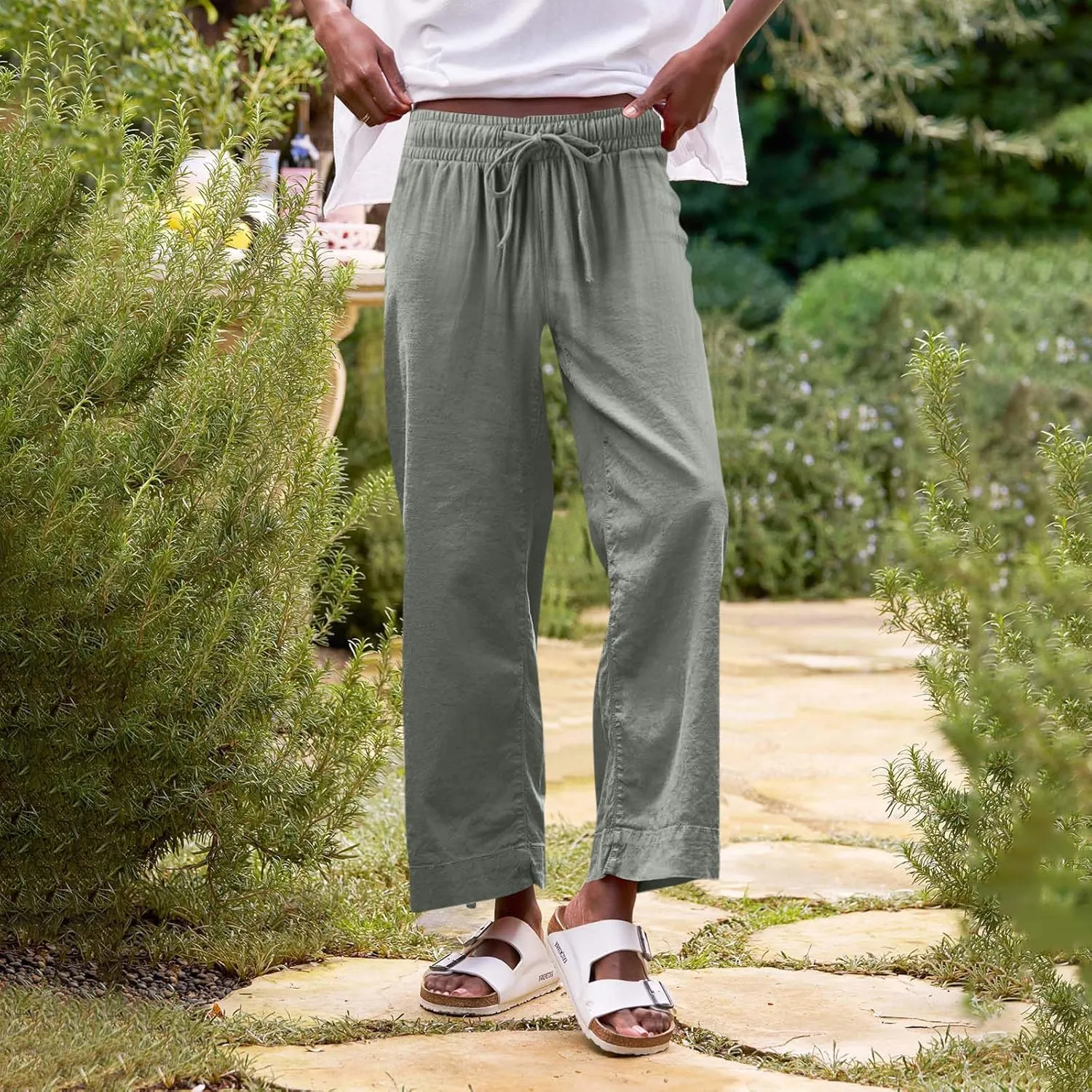 Women Linen Pants Wide Leg Capri Pants with Pockets Summer High Waisted Cropped Pants Boho Flowy Palazzo Pants