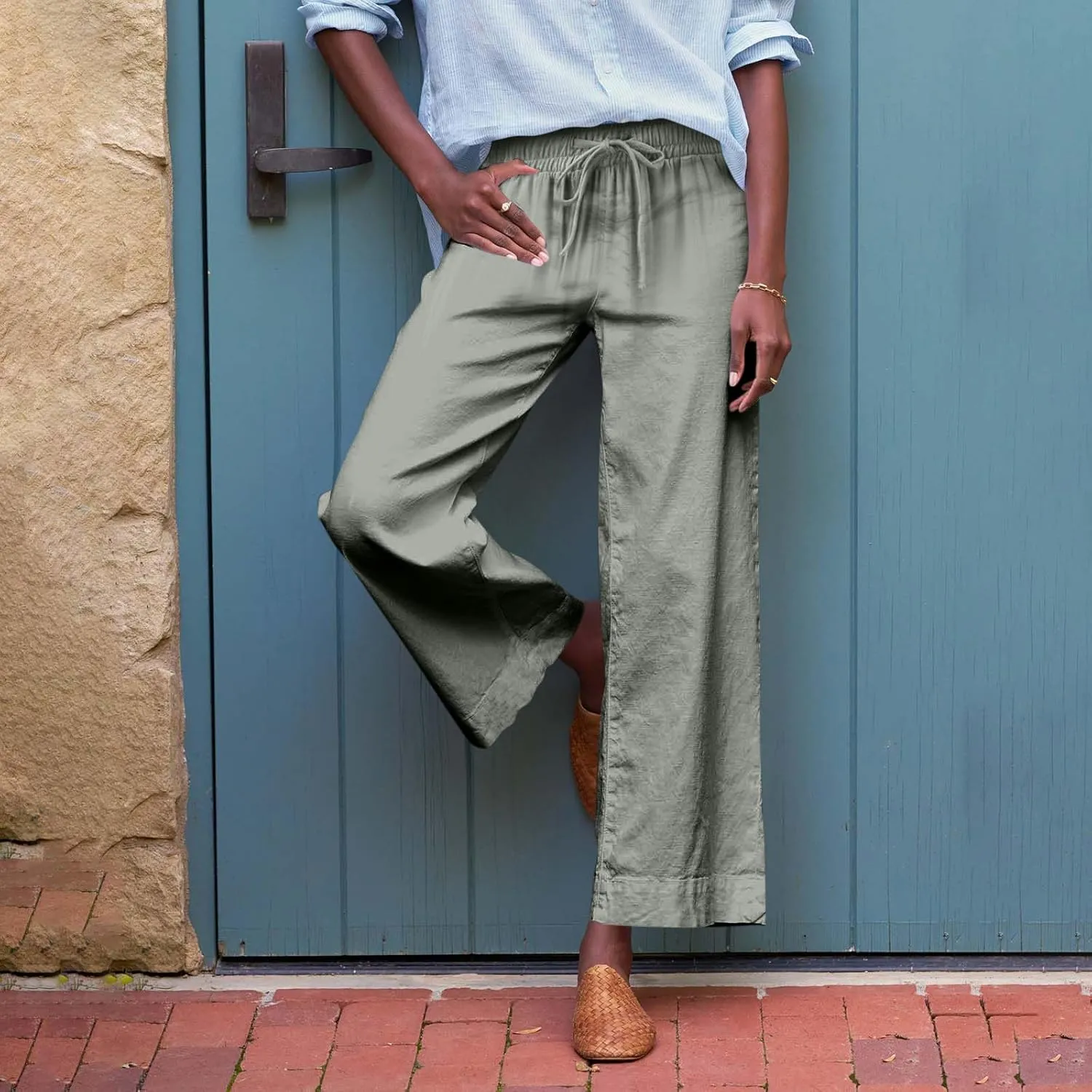 Women Linen Pants Wide Leg Capri Pants with Pockets Summer High Waisted Cropped Pants Boho Flowy Palazzo Pants