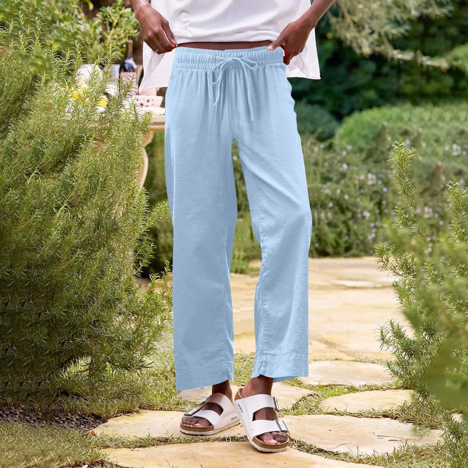 Women Linen Pants Wide Leg Capri Pants with Pockets Summer High Waisted Cropped Pants Boho Flowy Palazzo Pants