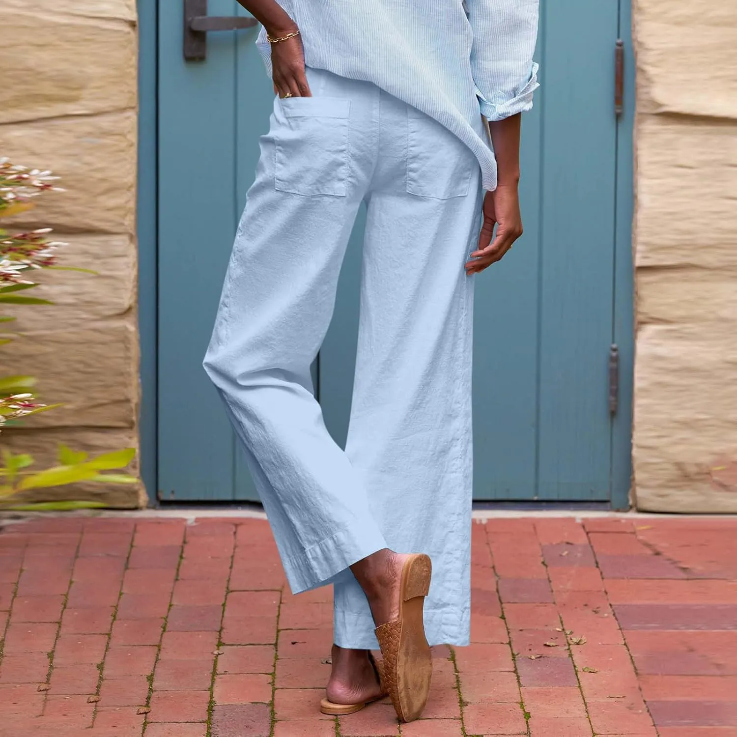 Women Linen Pants Wide Leg Capri Pants with Pockets Summer High Waisted Cropped Pants Boho Flowy Palazzo Pants
