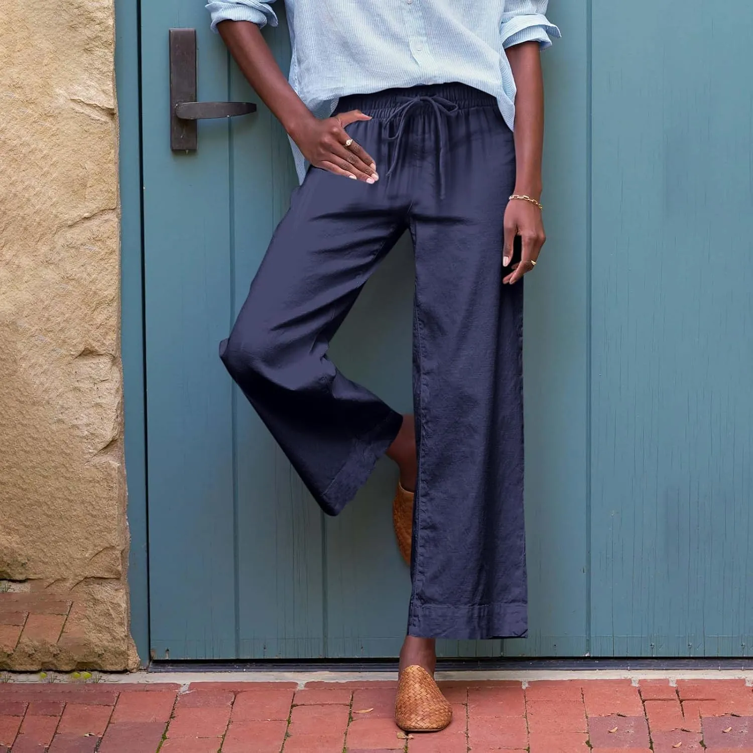 Women Linen Pants Wide Leg Capri Pants with Pockets Summer High Waisted Cropped Pants Boho Flowy Palazzo Pants