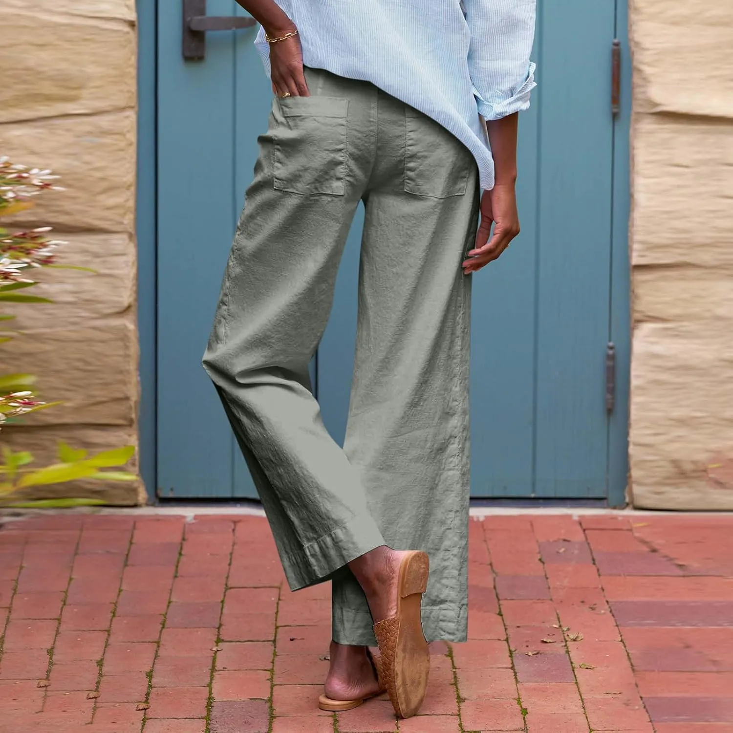 Women Linen Pants Wide Leg Capri Pants with Pockets Summer High Waisted Cropped Pants Boho Flowy Palazzo Pants