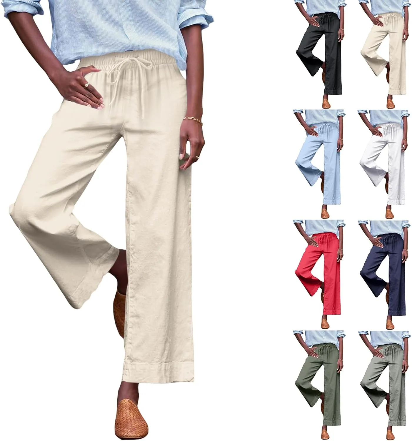 Women Linen Pants Wide Leg Capri Pants with Pockets Summer High Waisted Cropped Pants Boho Flowy Palazzo Pants
