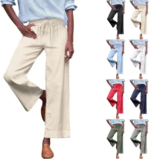 Women Linen Pants Wide Leg Capri Pants with Pockets Summer High Waisted Cropped Pants Boho Flowy Palazzo Pants