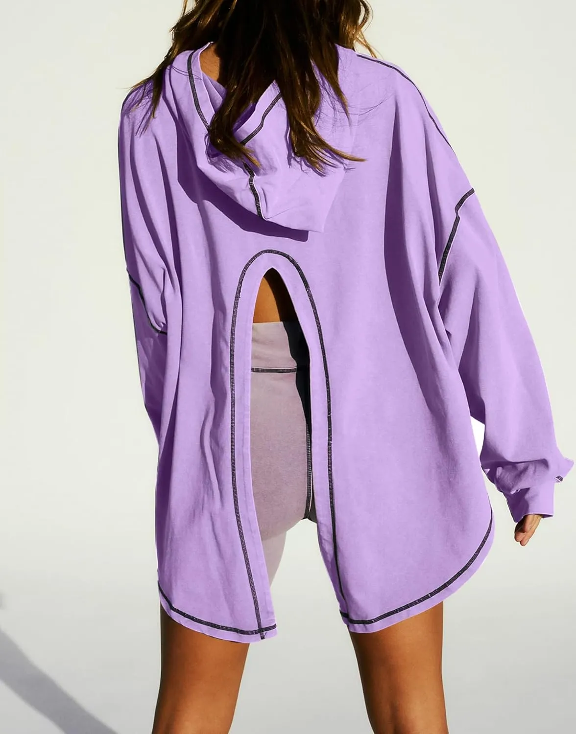 Women Open Back Workout Hooded Sweatshirt Oversized Long Sleeve Side Slit Athletic Shirt Flowy Hoodie Top Activewear