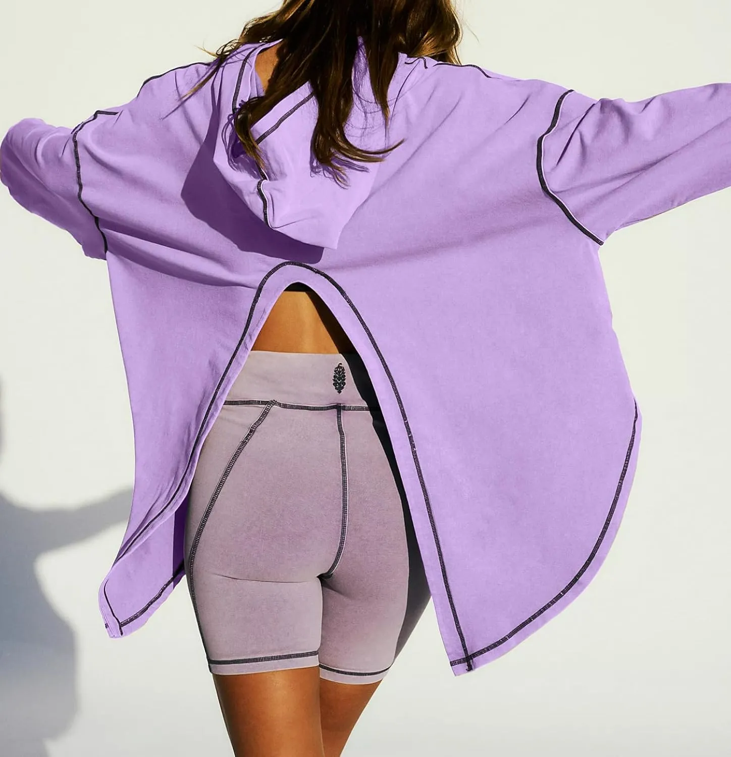 Women Open Back Workout Hooded Sweatshirt Oversized Long Sleeve Side Slit Athletic Shirt Flowy Hoodie Top Activewear