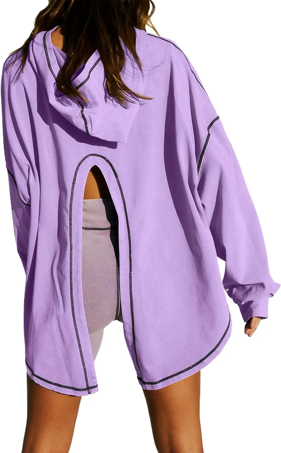 Women Open Back Workout Hooded Sweatshirt Oversized Long Sleeve Side Slit Athletic Shirt Flowy Hoodie Top Activewear