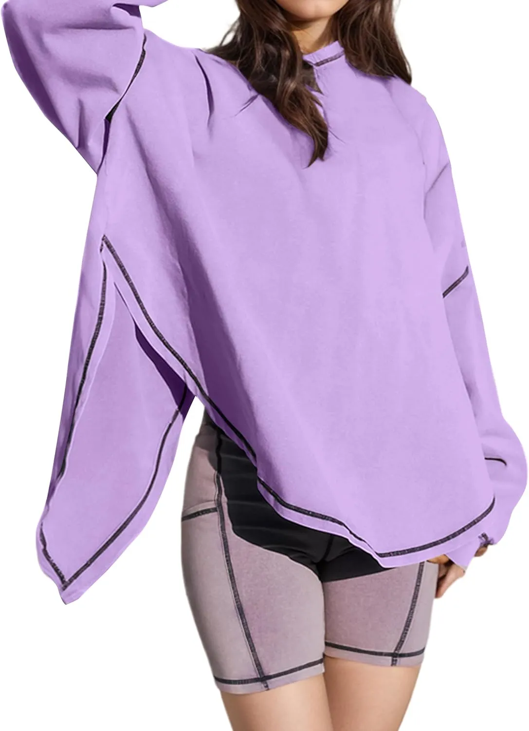 Women Open Back Workout Hooded Sweatshirt Oversized Long Sleeve Side Slit Athletic Shirt Flowy Hoodie Top Activewear
