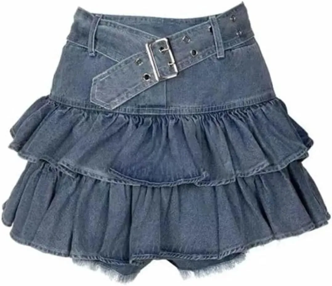 Women Pleated Belted Short Denim Mini Skirt Jeans A-Line Denim Skirt Clothes