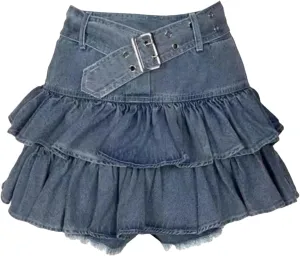Women Pleated Belted Short Denim Mini Skirt Jeans A-Line Denim Skirt Clothes