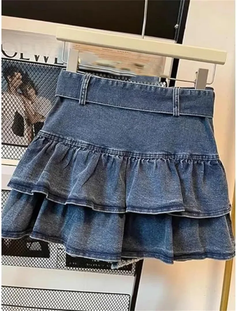 Women Pleated Belted Short Denim Mini Skirt Jeans A-Line Denim Skirt Clothes