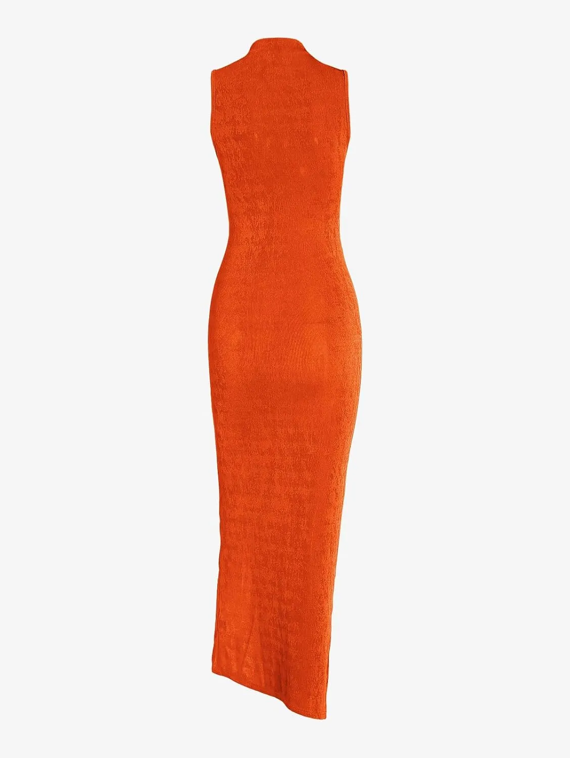 Women Sexy Semi Sheer Sleeveless Mock Turtleneck Jersey Ruched Thigh Slit Bodycon Maxi Dress for Party Club Night