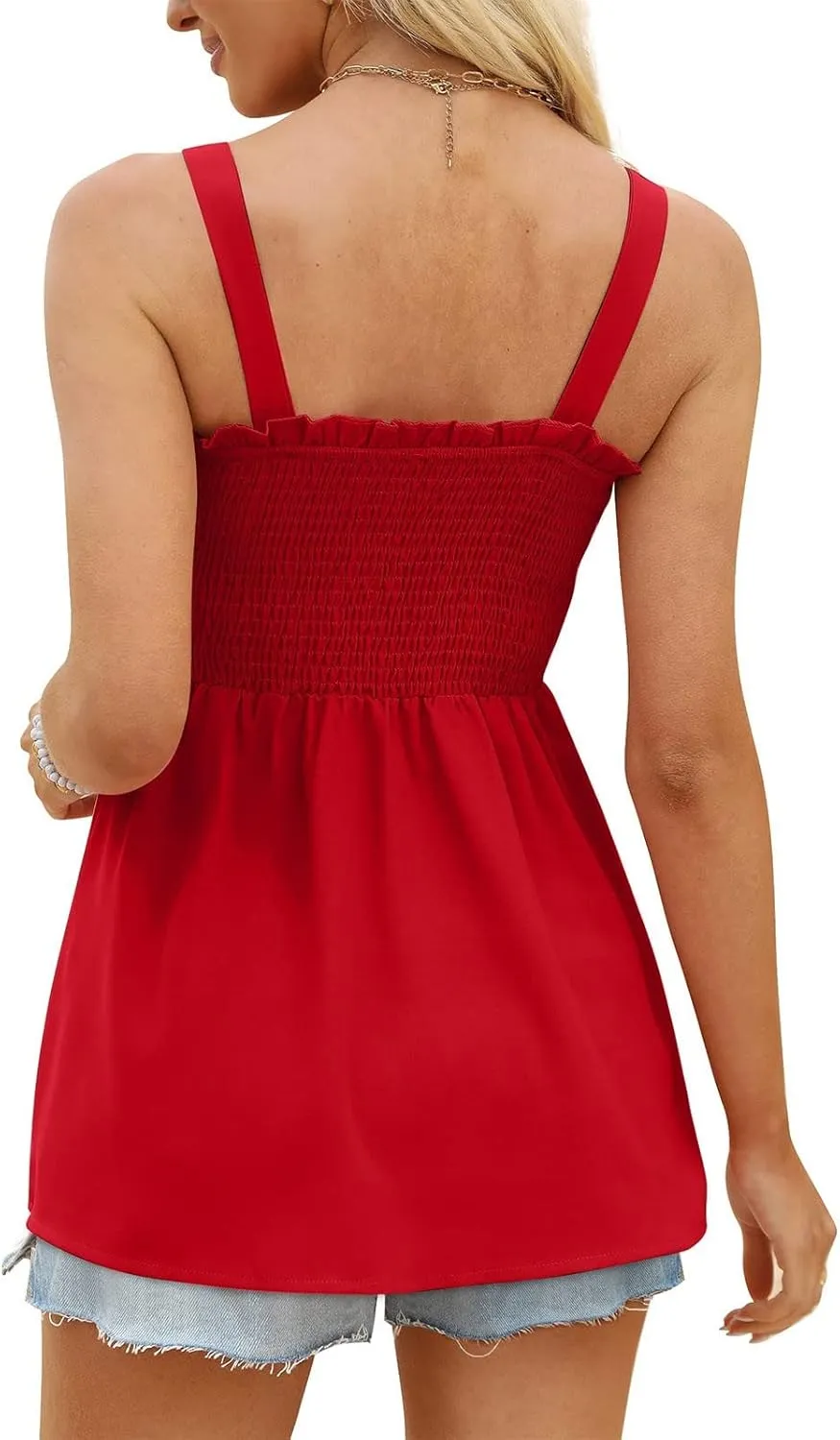 Women Summer Sleeveless Tank Top Ruched Ruffle Flowy Camisole Tummy Control Casual Longline Cami Blouse