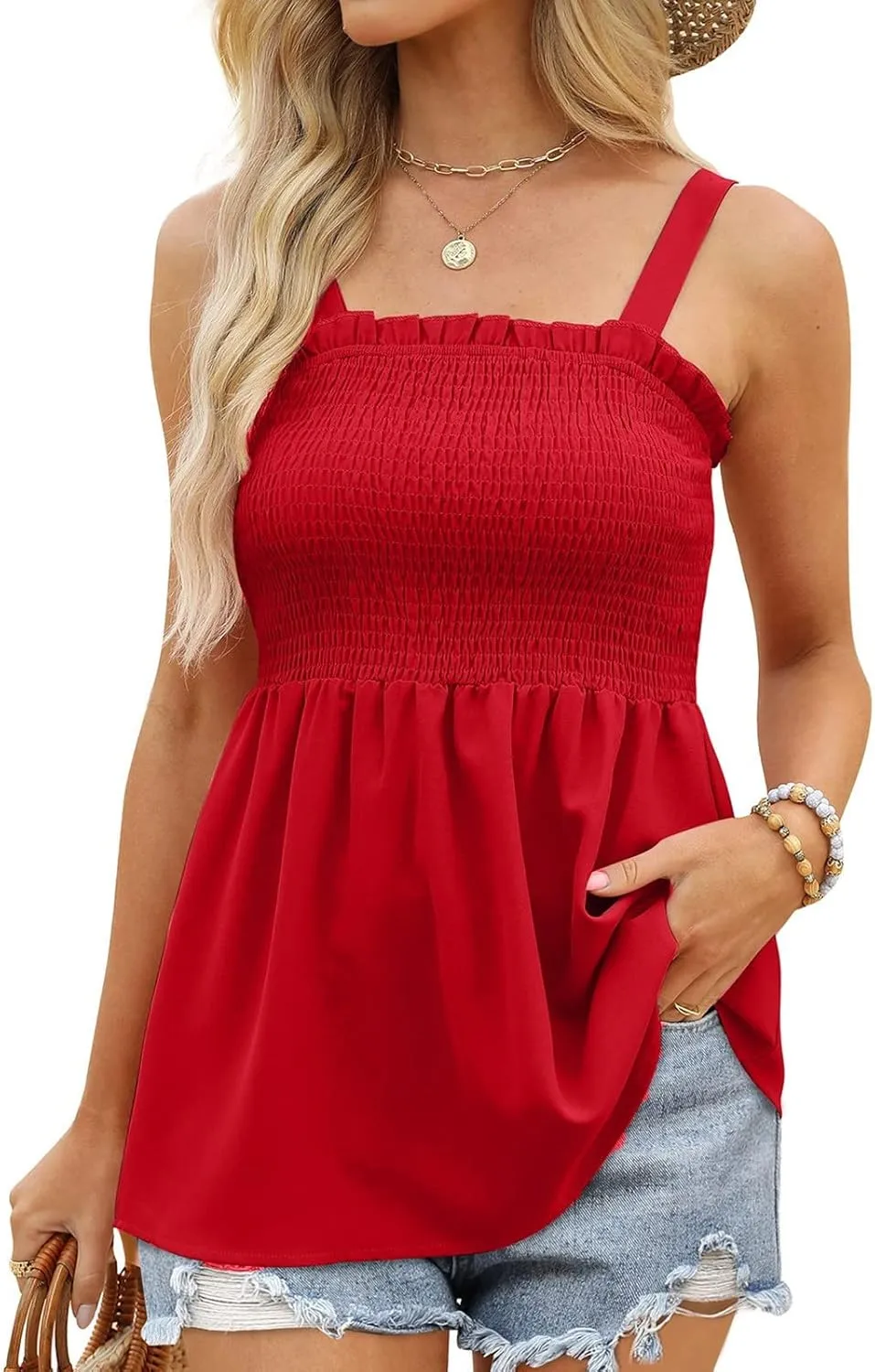 Women Summer Sleeveless Tank Top Ruched Ruffle Flowy Camisole Tummy Control Casual Longline Cami Blouse
