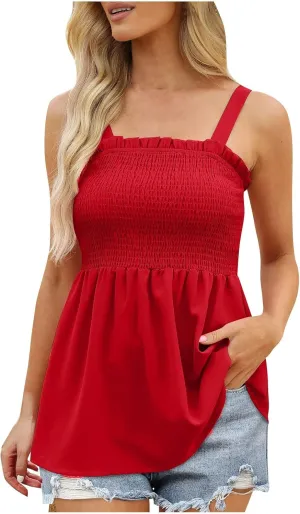 Women Summer Sleeveless Tank Top Ruched Ruffle Flowy Camisole Tummy Control Casual Longline Cami Blouse