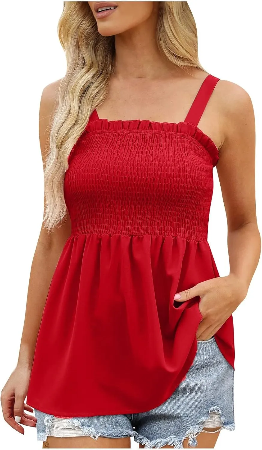 Women Summer Sleeveless Tank Top Ruched Ruffle Flowy Camisole Tummy Control Casual Longline Cami Blouse