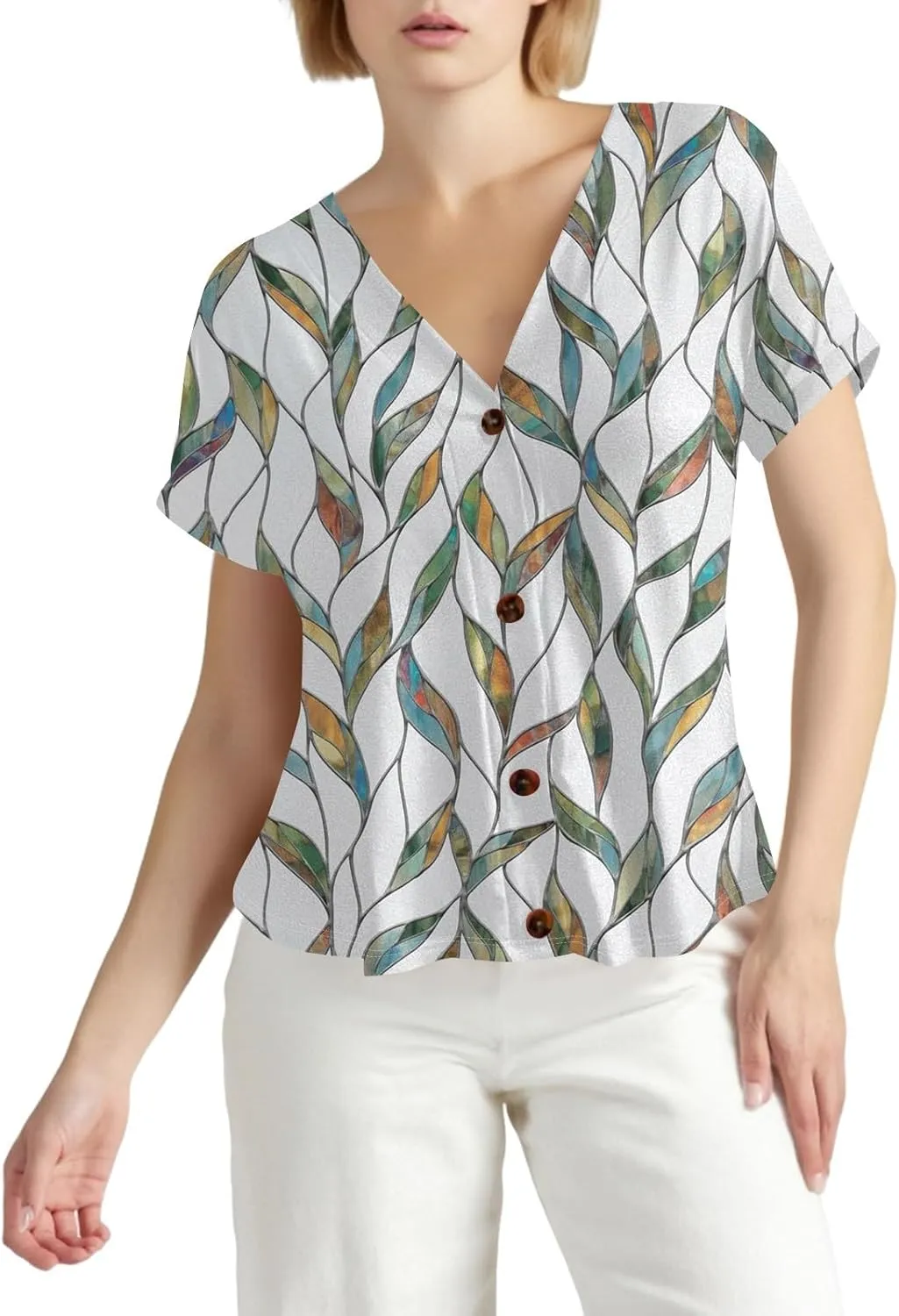 Women Summer Tops 2025 Printed Tops Short Sleeve Button Down Shirts Casual V Neck T Shirts Trendy Tunic Tops