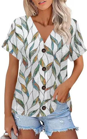 Women Summer Tops 2025 Printed Tops Short Sleeve Button Down Shirts Casual V Neck T Shirts Trendy Tunic Tops