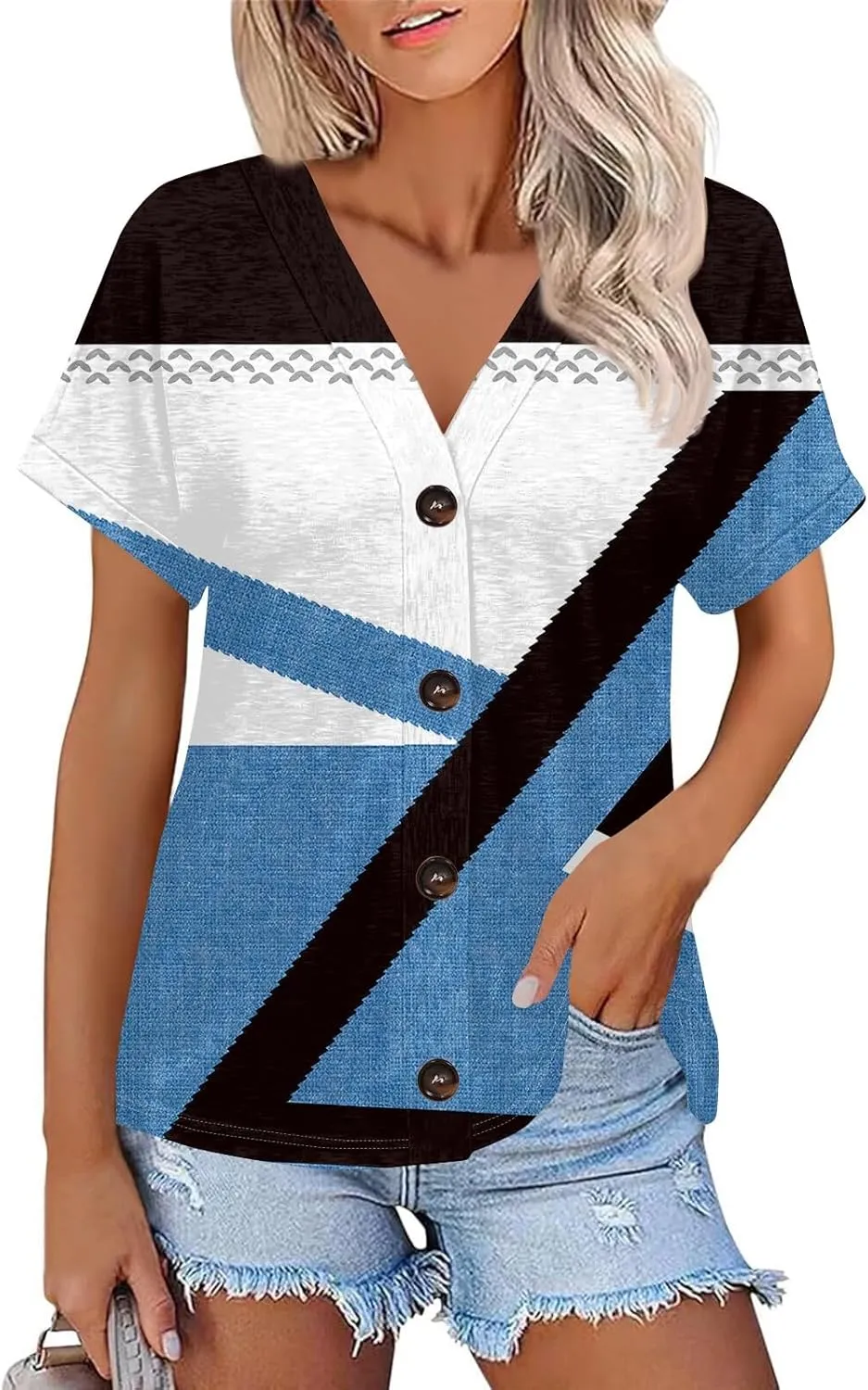 Women Summer Tops Printed Tops Short Sleeve Button Down Shirts Casual V Neck T Shirts Trendy Tunic Tops Outfits Clothes