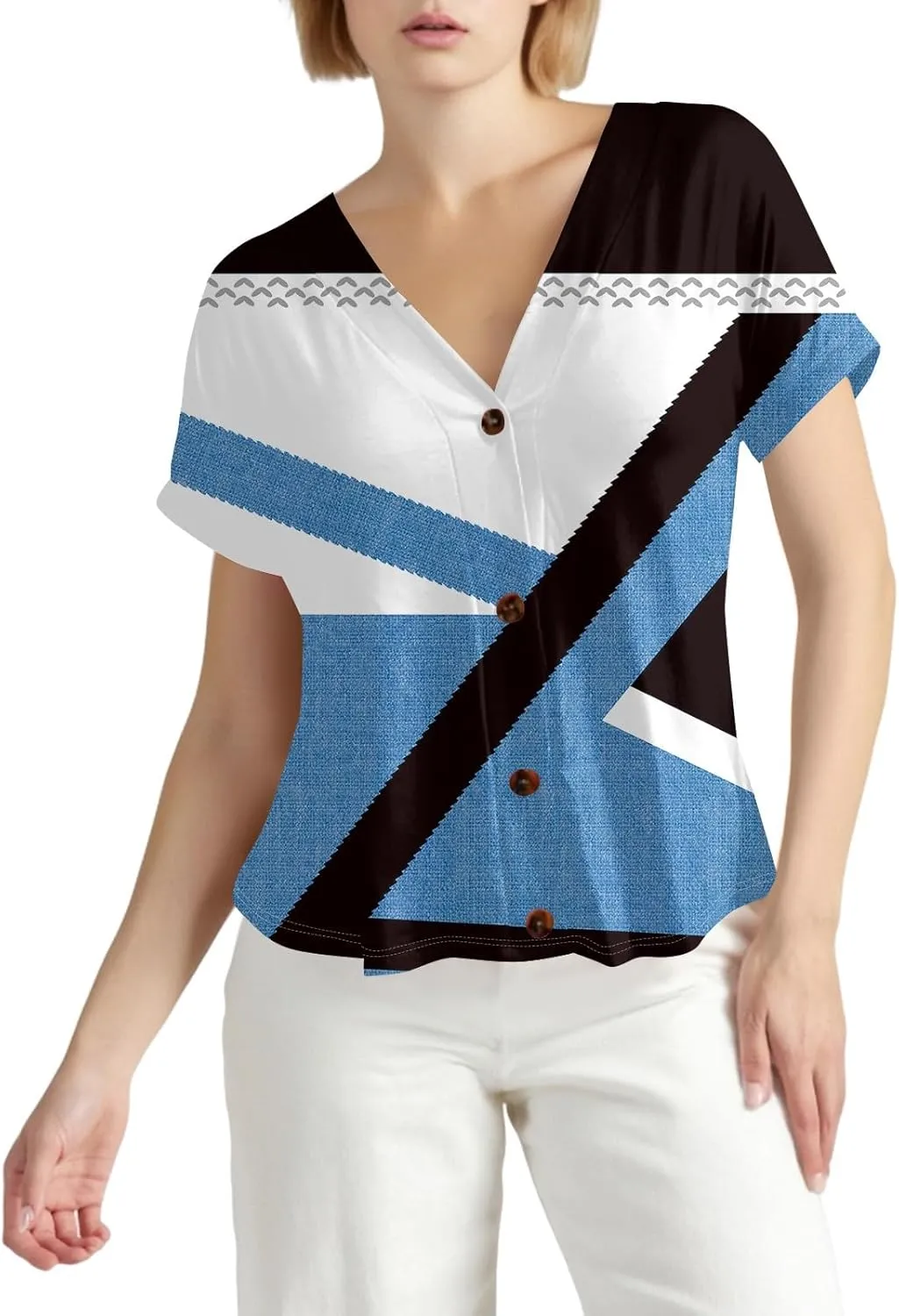 Women Summer Tops Printed Tops Short Sleeve Button Down Shirts Casual V Neck T Shirts Trendy Tunic Tops Outfits Clothes