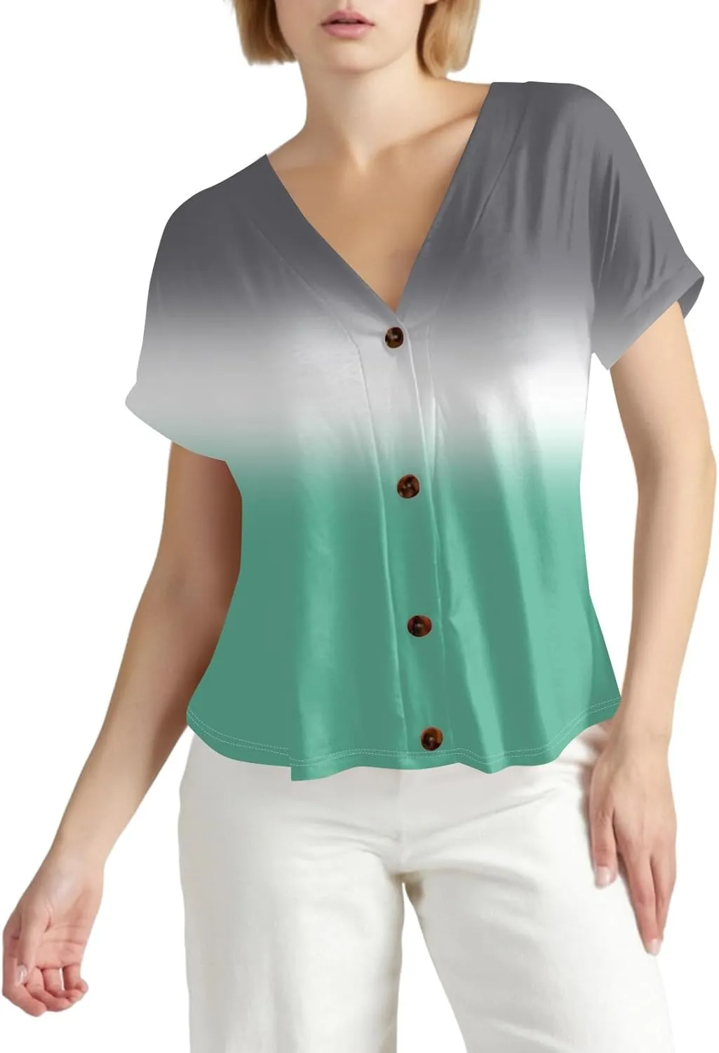 Women Summer Tops Solid Color Tops Short Sleeve Button Down Shirts Casual V Neck T Shirts Trendy Tunic Tops