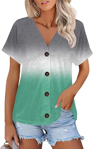 Women Summer Tops Solid Color Tops Short Sleeve Button Down Shirts Casual V Neck T Shirts Trendy Tunic Tops