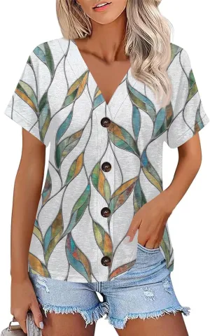 Women Summer Tops Trendy Printed Tops Short Sleeve Button Down Shirts Casual V Neck T Shirts Trendy Tunic Tops