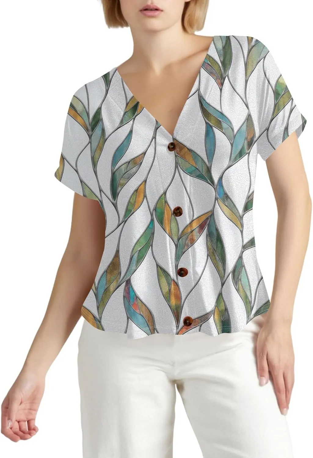 Women Summer Tops Trendy Printed Tops Short Sleeve Button Down Shirts Casual V Neck T Shirts Trendy Tunic Tops