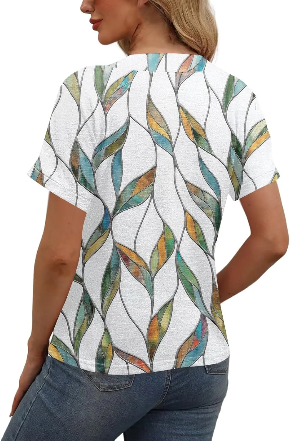 Women Summer Tops Trendy Printed Tops Short Sleeve Button Down Shirts Casual V Neck T Shirts Trendy Tunic Tops