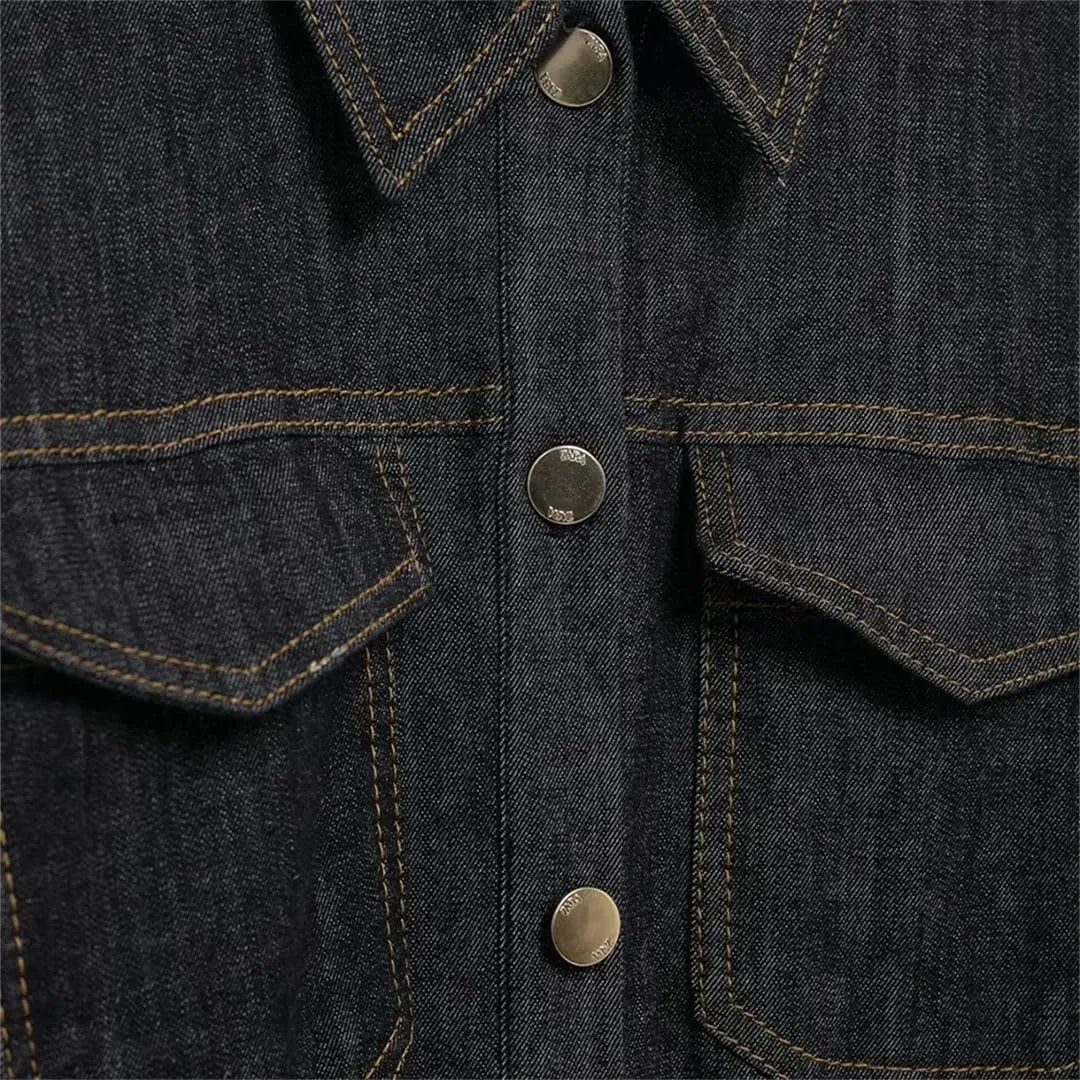 Women Turn-Down Collar Denim Dress Slim Fit Casual Long-Sleeved Button Denim Dress
