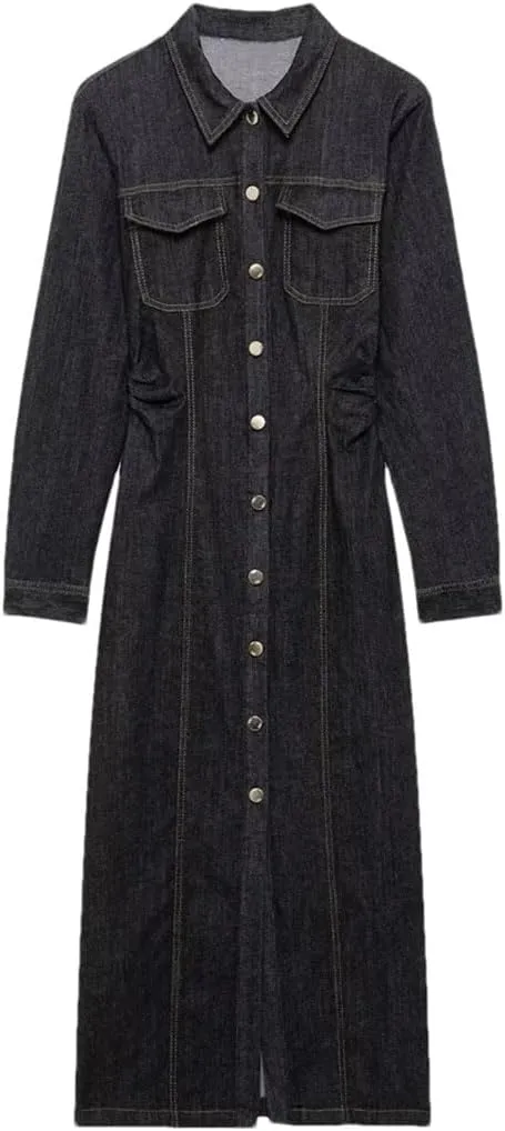 Women Turn-Down Collar Denim Dress Slim Fit Casual Long-Sleeved Button Denim Dress