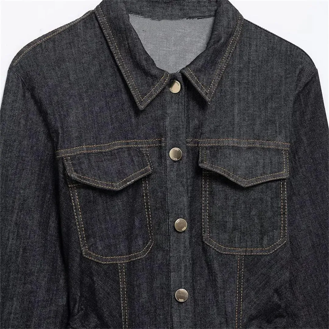 Women Turn-Down Collar Denim Dress Slim Fit Casual Long-Sleeved Button Denim Dress