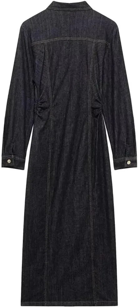 Women Turn-Down Collar Denim Dress Slim Fit Casual Long-Sleeved Button Denim Dress