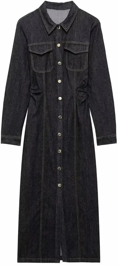 Women Turn-Down Collar Denim Dress Slim Fit Casual Long-Sleeved Button Denim Dress
