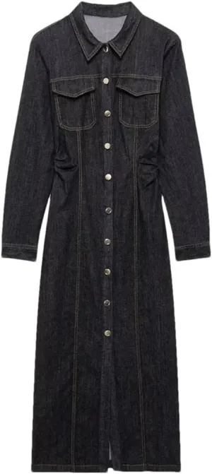 Women Turn-Down Collar Denim Dress Slim Fit Casual Long-Sleeved Button Denim Dress