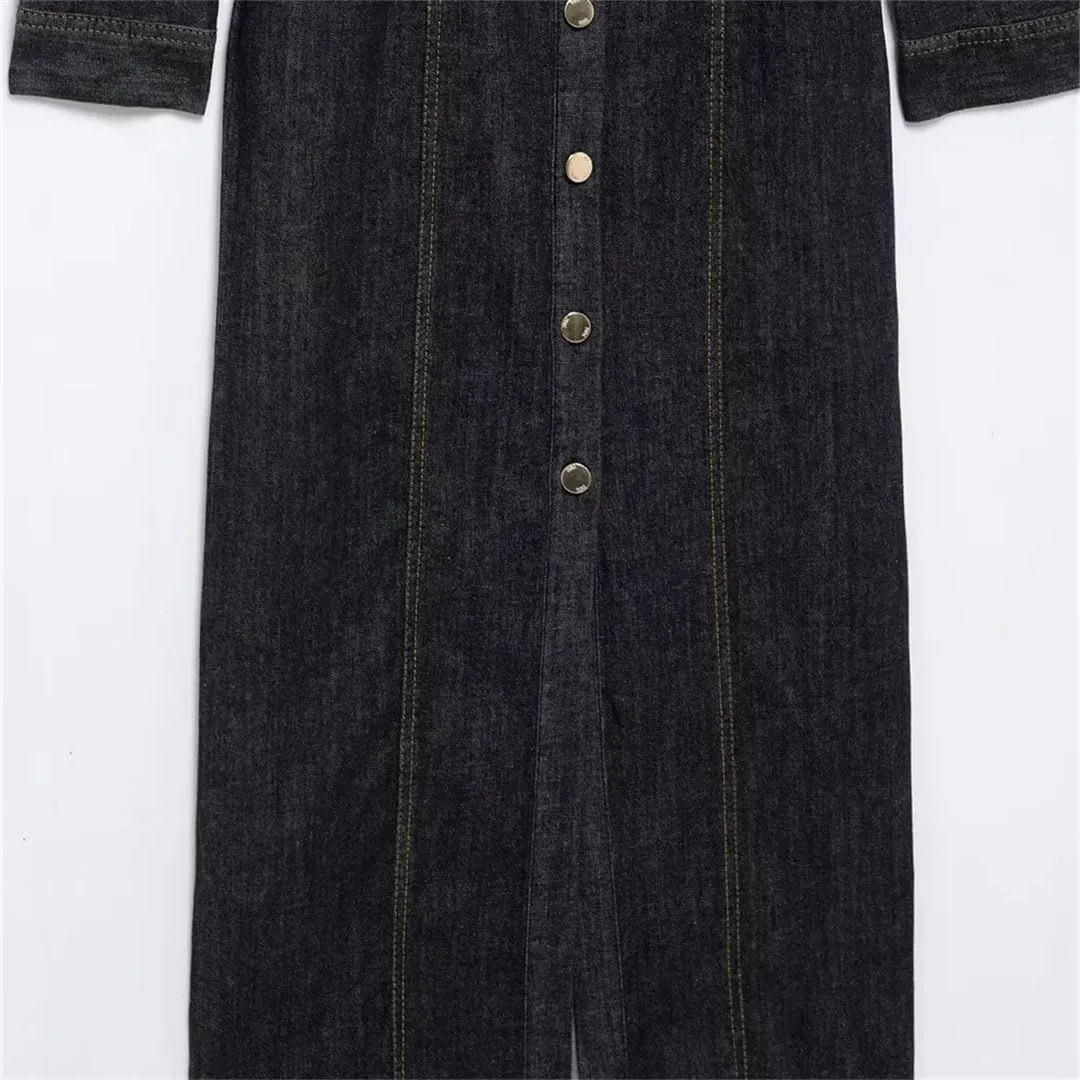 Women Turn-Down Collar Denim Dress Slim Fit Casual Long-Sleeved Button Denim Dress