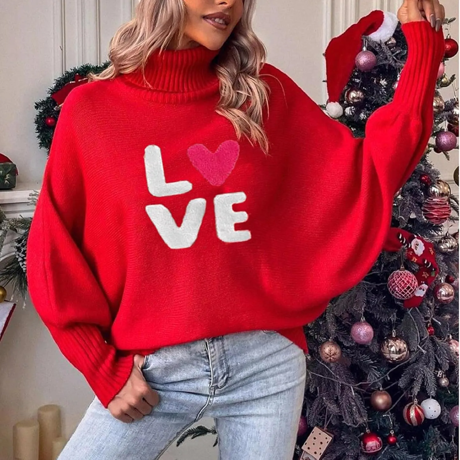 Women Valentine's Day Turtleneck Oversized Sweaters Batwing Long Sleeve Pullover Tops Heart Knit Sweater Jumper Tops