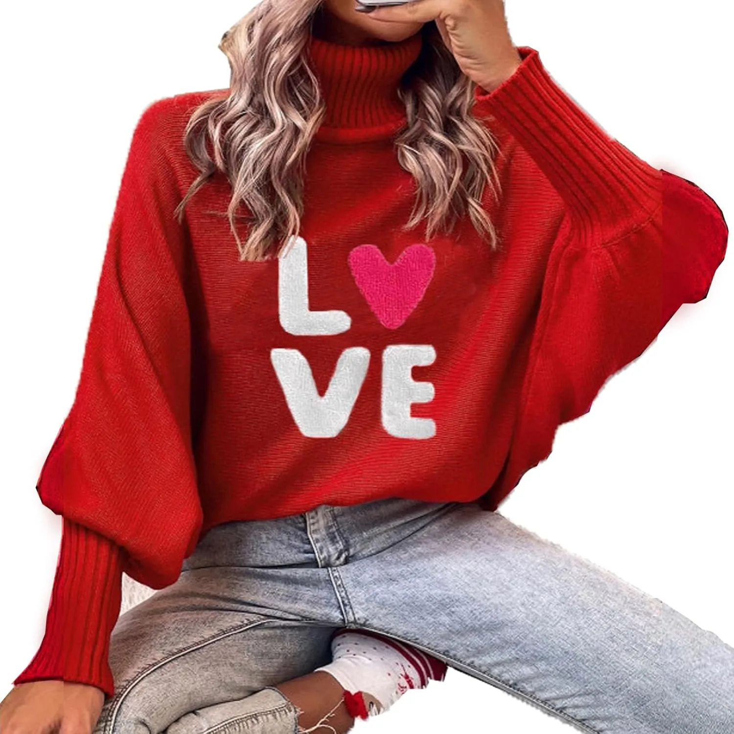 Women Valentine's Day Turtleneck Oversized Sweaters Batwing Long Sleeve Pullover Tops Heart Knit Sweater Jumper Tops
