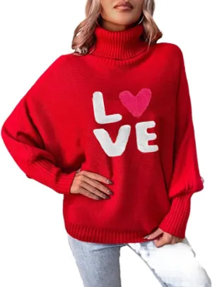 Women Valentine's Day Turtleneck Oversized Sweaters Batwing Long Sleeve Pullover Tops Heart Knit Sweater Jumper Tops
