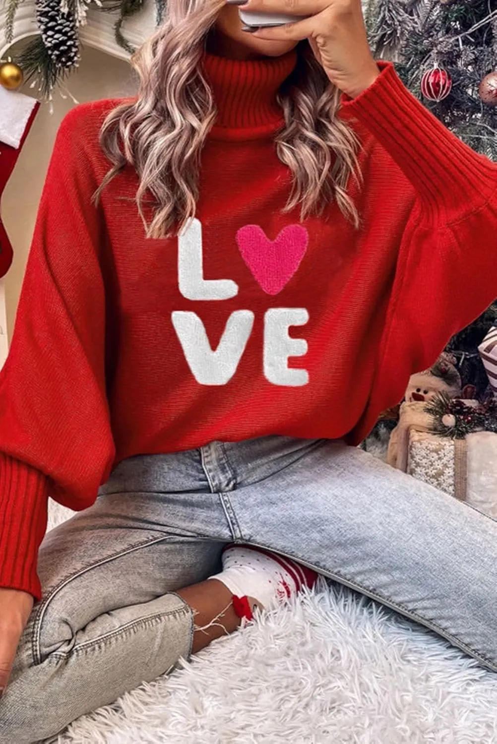 Women Valentine's Day Turtleneck Oversized Sweaters Batwing Long Sleeve Pullover Tops Heart Knit Sweater Jumper Tops