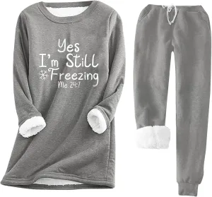 Women Warm Pajama Set Fleece Sherpa Lined Long Sleeve Tops and Sweat Pants Yes I'm Always Freezing Lounge Set
