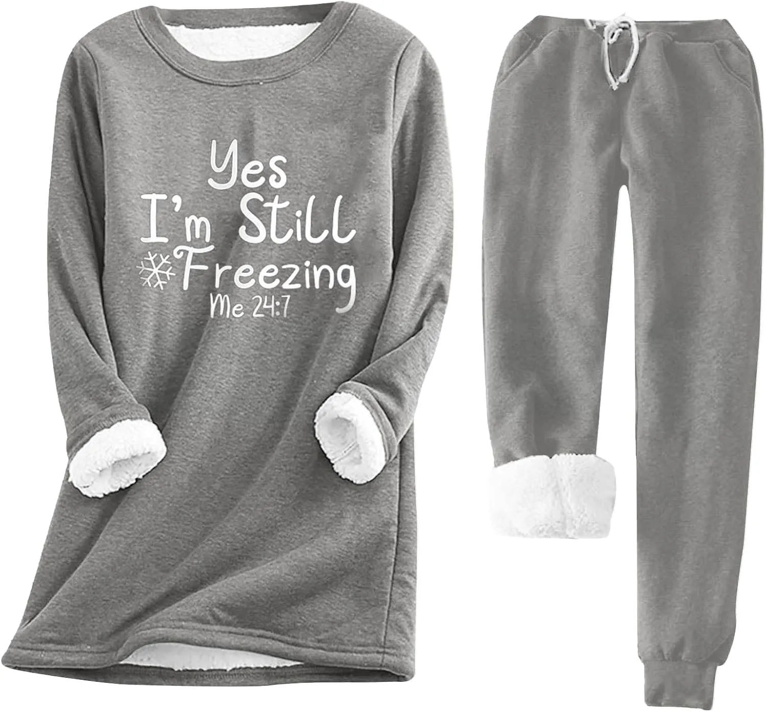 Women Warm Pajama Set Fleece Sherpa Lined Long Sleeve Tops and Sweat Pants Yes I'm Always Freezing Lounge Set