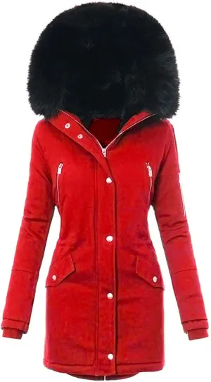 Women Winter Warm Coats with Faux Fur Hood Zip Snap Long Parka Jacket Long Sleeve Pockets Outerwear Puffer Down Coat