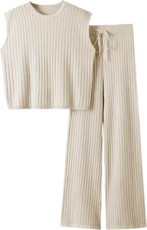 Womens 2 Piece Knit Lounge Set Sleeveless Ribbed Pullover Top and Wide Leg Pants Outfit